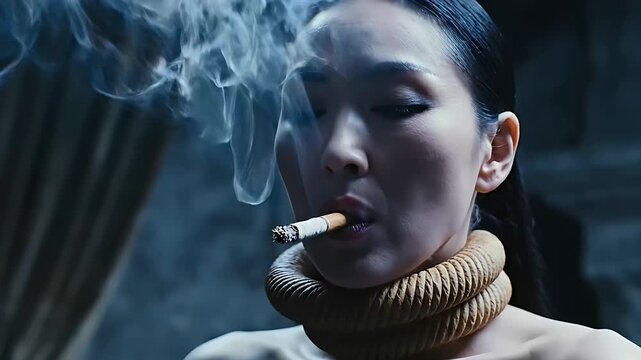 Asian woman smoking a cigarette while wearing a heavy rope coil around her neck. Cinematic portrait with a dramatic expression and thick smoke. Conceptual art representing addiction or social burden.