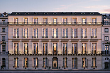 Obraz premium Parisian Apartment Front Elevation at Evening