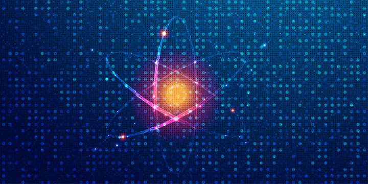 Abstract illustration of glowing atom structure with orbiting electrons against a dark blue digital technology background.