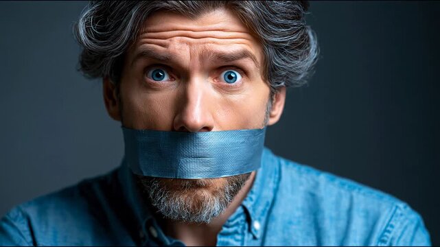 Male with gray hair and beard has blue duct tape over his mouth, expressing surprise and concern in a dimly lit indoor setting with a neutral background