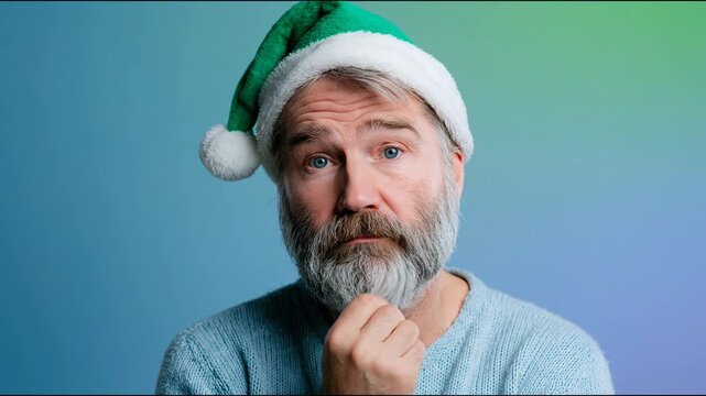 Caucasian male with gray beard wearing a green and white Santa hat ponders thoughtfully while dressed in a light blue sweater against a gradient blue background