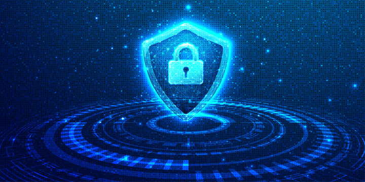 Cyber security shield with padlock icon on digital technology background.