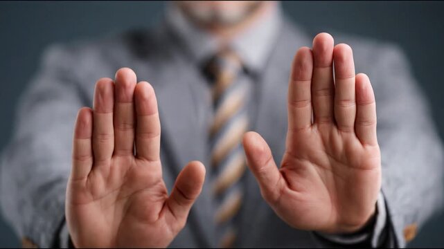 Businessman in gray suit with striped tie holds hands up in a stop gesture, showcasing a clear expression of refusal or caution in a professional setting
