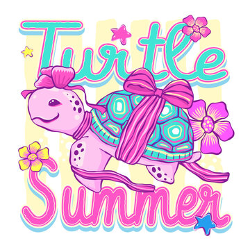 Cute Tropical Coquette Sea Turtle Summer Illustration