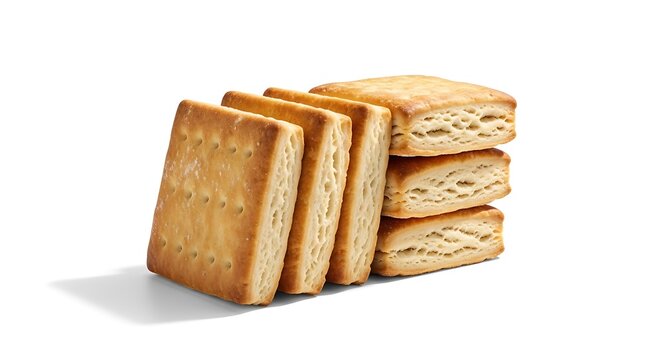 Stack of Golden Brown Crackers on White Background