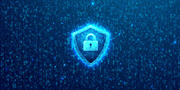 Cyber security concept with digital shield and padlock icon over binary code background.