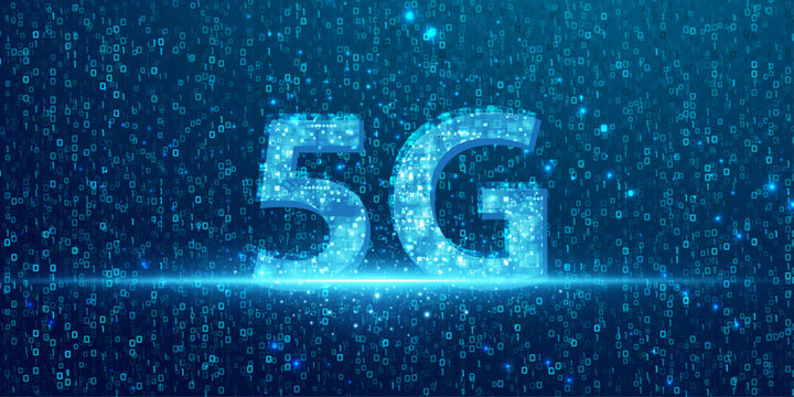 Giant glowing 5G text illuminated with blue light against background of binary code and particles.