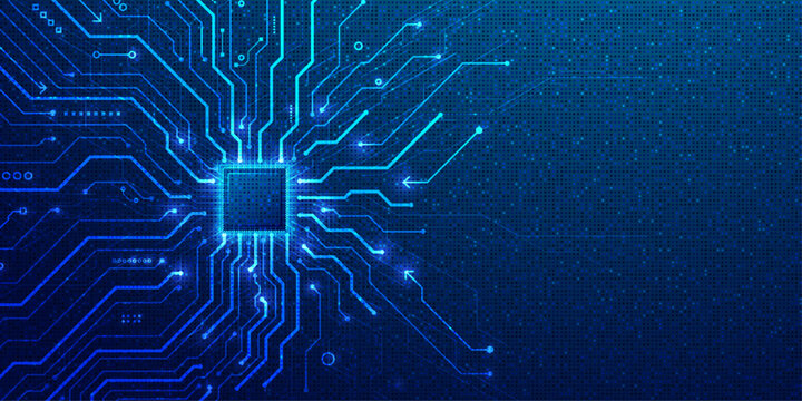 Conceptual illustration of a digital microprocessor chip with glowing circuits on a dark blue background.