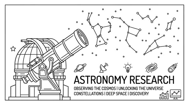 Line art illustration of an astronomical observatory telescope with celestial constellations and space research icons.