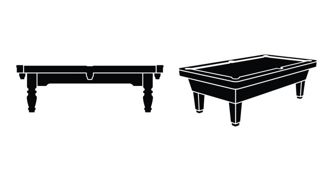 Two billiard table silhouettes displaying side and angled perspectives against a white background silhouette pool snooker