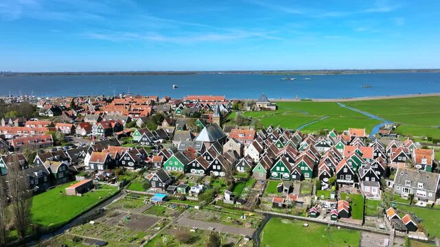Historic lakeside town with traditional waterfront in Europe