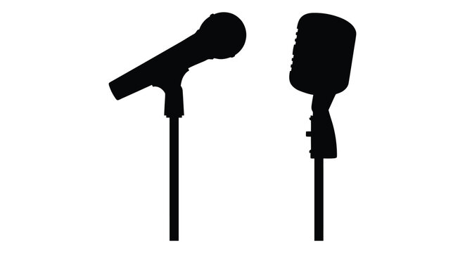Two vintage microphones in black silhouette against a white background a musical performance illustration silhouette microphone