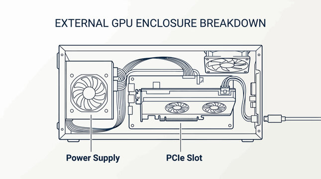 Technical diagram showing the internal components of an external GPU enclosure.
