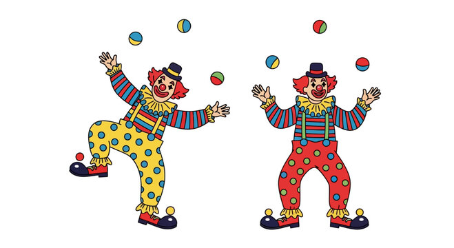 Two clowns juggling balls, happy circus performers in colorful costumes, isolated on white background