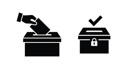 Ballot box with hand dropping in paper and secured box with checkmark black silhouette voting election © Gahima
