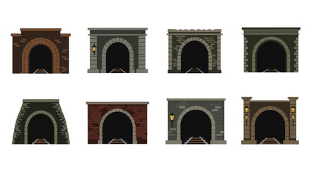 Fototapeta premium Set of Pixel Art Train Tunnel Entrances for Game Design