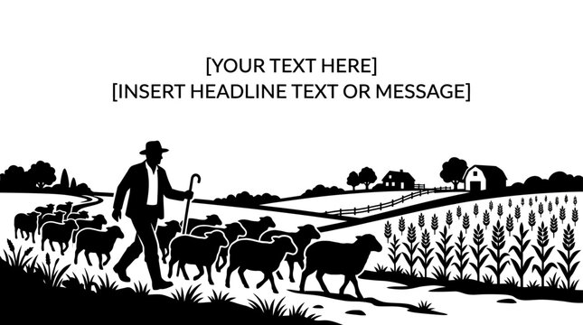A silhouette illustration of a shepherd herding a flock of sheep through a rural landscape.