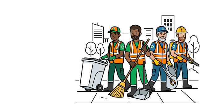A group of four sanitation workers in high visibility vests cleaning a city street.