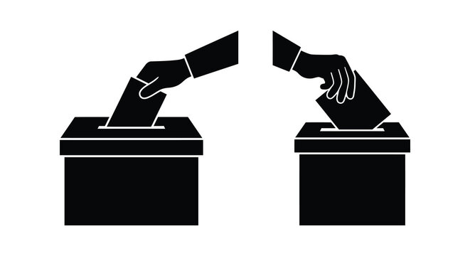 Two hands depositing ballots into voting boxes a stark black silhouette illustration ballot box election franchise