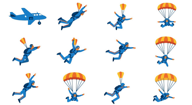 Set of Parachutists and Airplane Icons Isolated on White