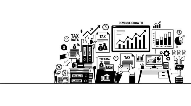 A detailed black and white line art illustration depicting business tax management and financial growth analysis.