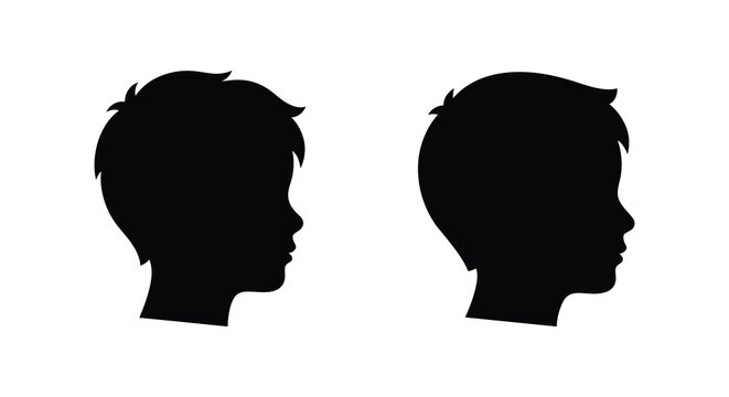 Two boy s head silhouettes in profile a simple black graphic on a white background silhouette