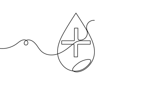 Modern single line medical cross inside a blood drop sign continuous one line art drawing on white background minimalist healthcare and medical donation concept symbol 4k animation video