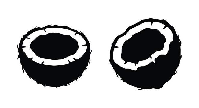 Two halved coconut silhouettes with fibrous husks and dark interiors on a white background silhouette coconuts