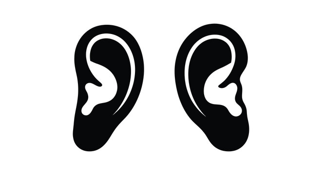 Two human ears depicted as black shapes against a white background a simple silhouette ear auditory