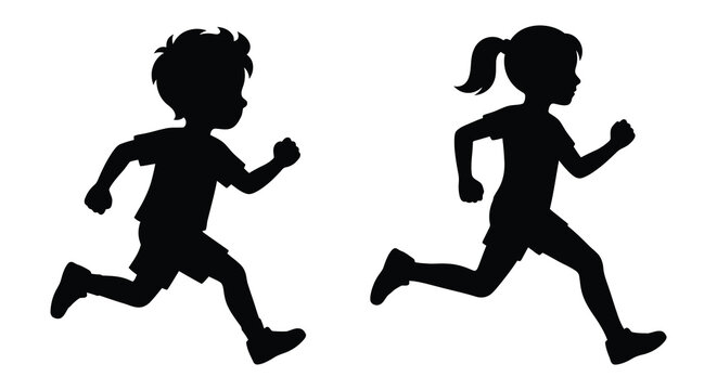 Two running children depicted as black silhouettes against a white background silhouette child kid kids boy