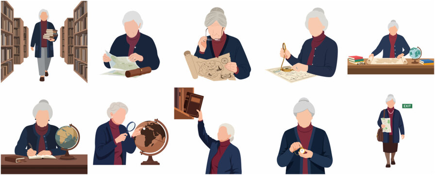 Senior woman researcher and explorer character set studying maps and books in a library