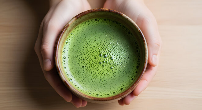A Cup of Serenity: Hands cradle a rustic ceramic bowl filled with vibrant, frothy matcha tea, its rich green hue promising a moment of mindful calm.