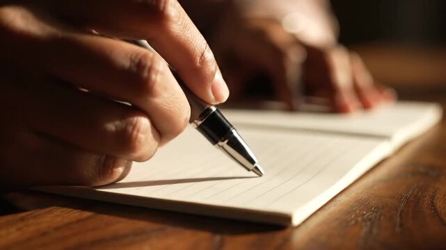 Hand holding pen writing in notebook on warm wooden desk