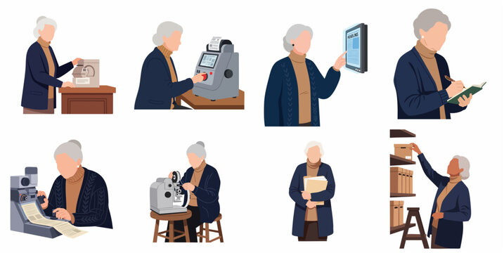 Set of illustrations showing an elderly female archivist using vintage microfilm readers, card catalogs, and modern digital databases for historical research and library management.