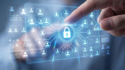 Fototapeta premium Finger interacts with a digital interface displaying a padlock symbol connected to user icons, symbolizing digital security and data protection concepts