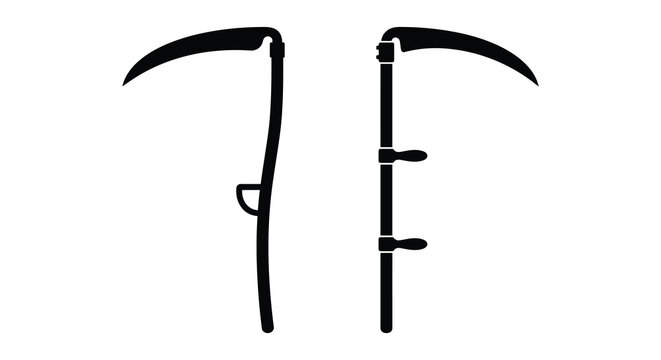 Two scythes with curved blades and wooden handles depicted as a black silhouette scythe reaping hook grass cutting tool