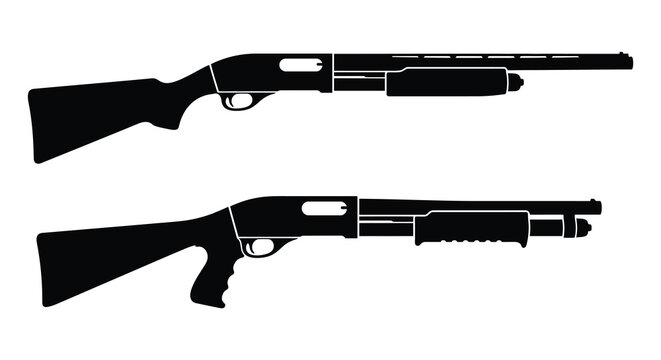 Two black silhouettes of pump action shotguns against a white background a detailed firearm depiction silhouette