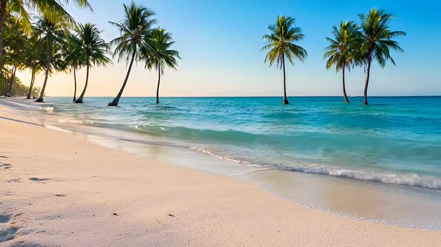A serene tropical beach at sunrise, with gentle turquoise waves lapping against a pristine white sand shore, framed by tall palm trees reaching towards a clear blue sky.