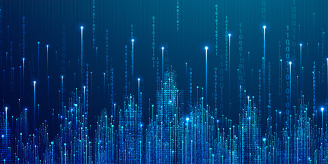Abstract digital city skyline made of light particles and vertical data streams on deep blue background. © Nahin