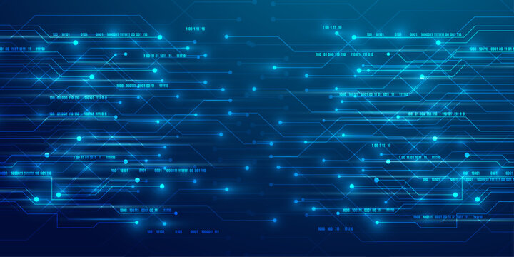 Digital circuit board background with binary code and glowing blue data lines.