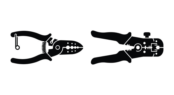 Wire strippers in open and closed positions black silhouette against a white background silhouette electrical tool