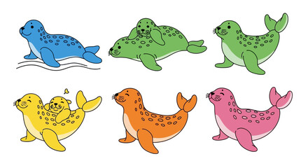 Fototapeta premium Cute Cartoon Seals Collection: Blue, Green, Yellow, Orange, Pink Seals