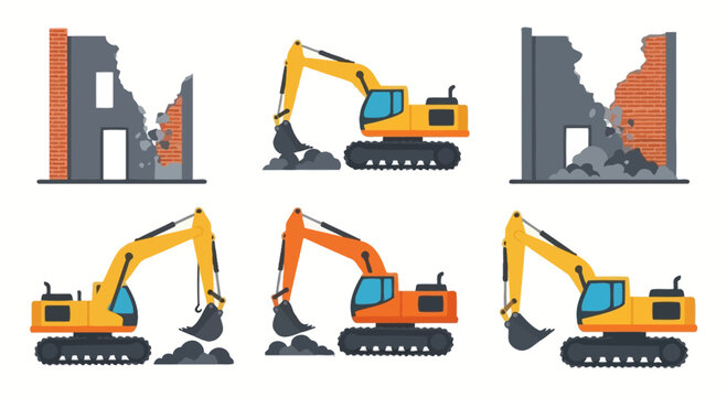 Demolition Excavators and Ruined Buildings Set, Construction Site, Heavy Machinery