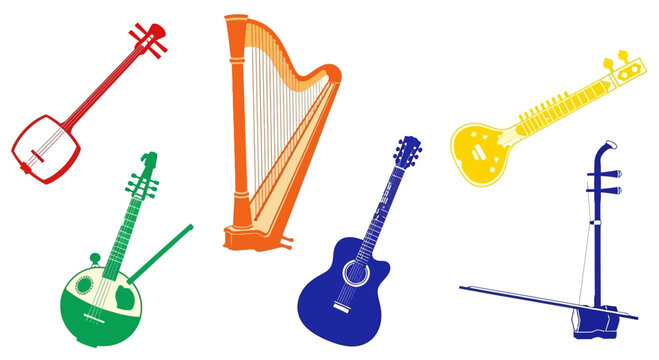 Diverse Musical Instruments Collection: Harp, Guitar, Sitar, Erhu, Shamisen, and Koto