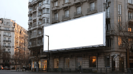 Obraz premium Blank outdoor billboard mockup on historic urban building facade in European city street for advertising branding and marketing presentation design