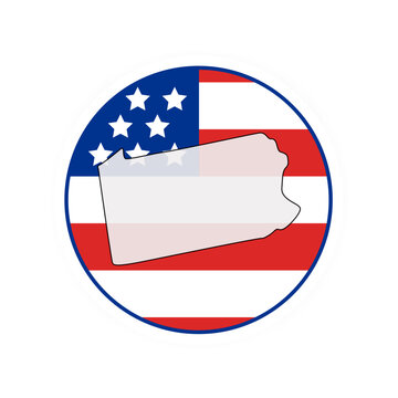 Pennsylvania state map over USA flag badge. Pennsylvania state map silhouette overlaid with the United States flag.
