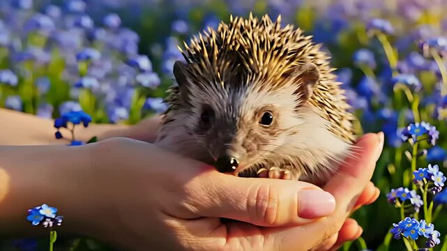 Cute hedgehog held gently in human hands amidst blue flowers. Tiny animal looks curious in a vibrant spring garden setting. Wildlife care and nature concept, ideal for pet or environmental themes.