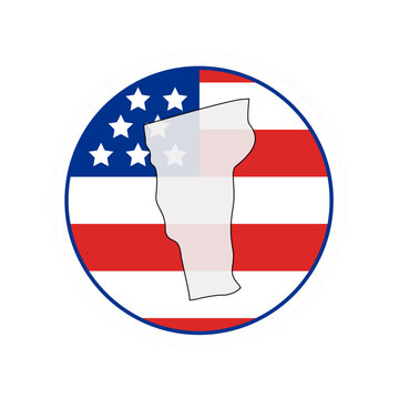 Vermont state map over USA flag badge. Vermont state map silhouette overlaid with the United States flag.