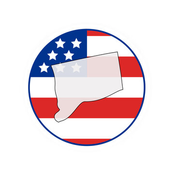 Connecticut state map over USA flag badge. Connecticut state map silhouette overlaid with the United States flag.
