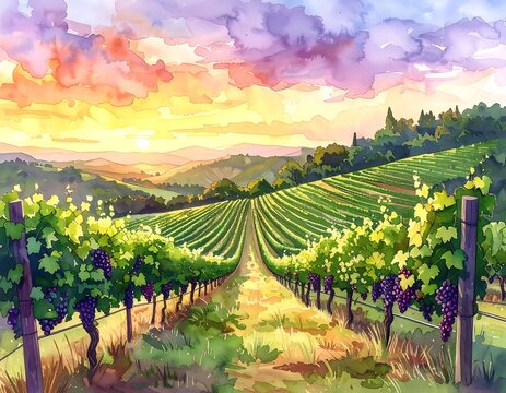 Vineyard at sunset with rolling hills.